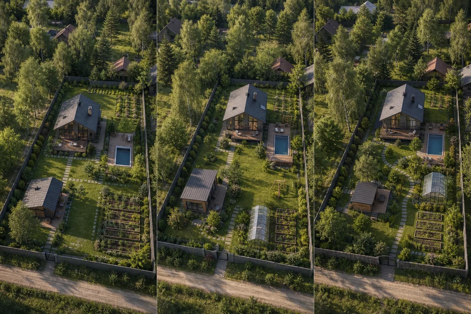 Несколько вариантов расположения дома, террасы, сада и зоны отдыха на одном земельном участке