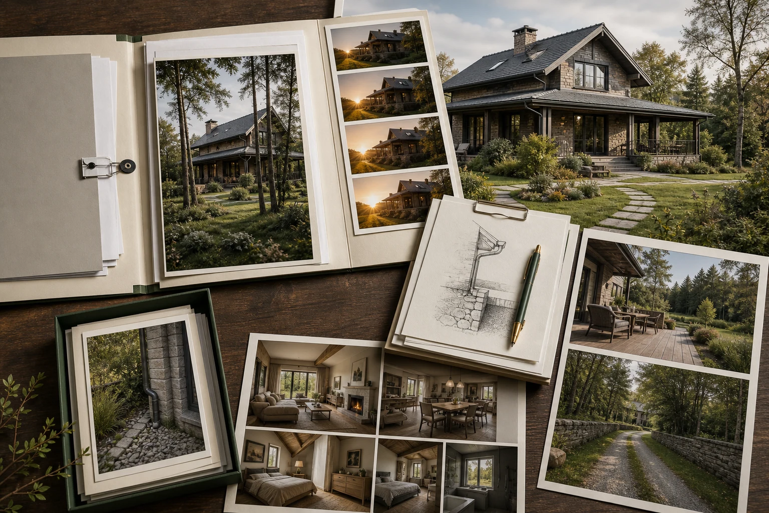 Доказательный пакет загородного дома с планом, расходами, журналом работ, солнцем, ветром и ограничениями