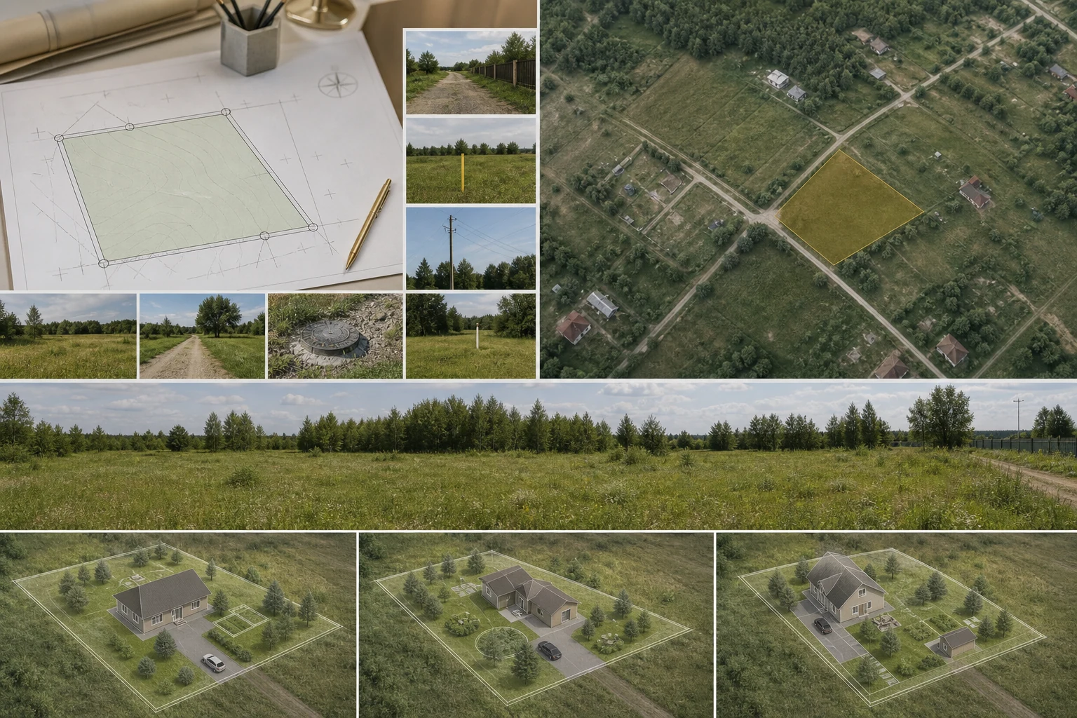 Пакет покупателя земельного участка со схемой границ, фотографиями, коммуникациями и тремя сценариями использования